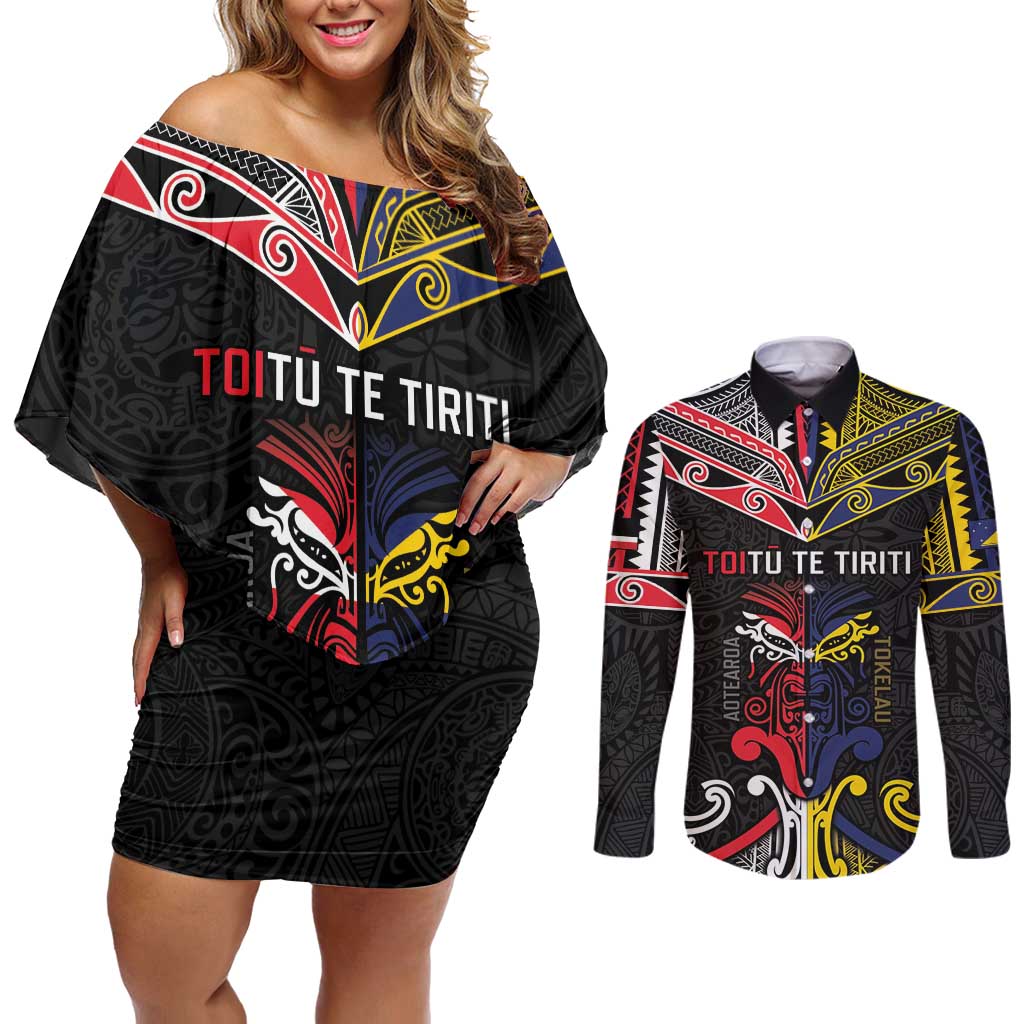 Tokelau And Aotearoa Couples Matching Off Shoulder Short Dress and Long Sleeve Button Shirt Together For Te Tiriti O Waitangi LT05 Black - Polynesian Pride