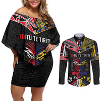 Tokelau And Aotearoa Couples Matching Off Shoulder Short Dress and Long Sleeve Button Shirt Together For Te Tiriti O Waitangi LT05 Black - Polynesian Pride