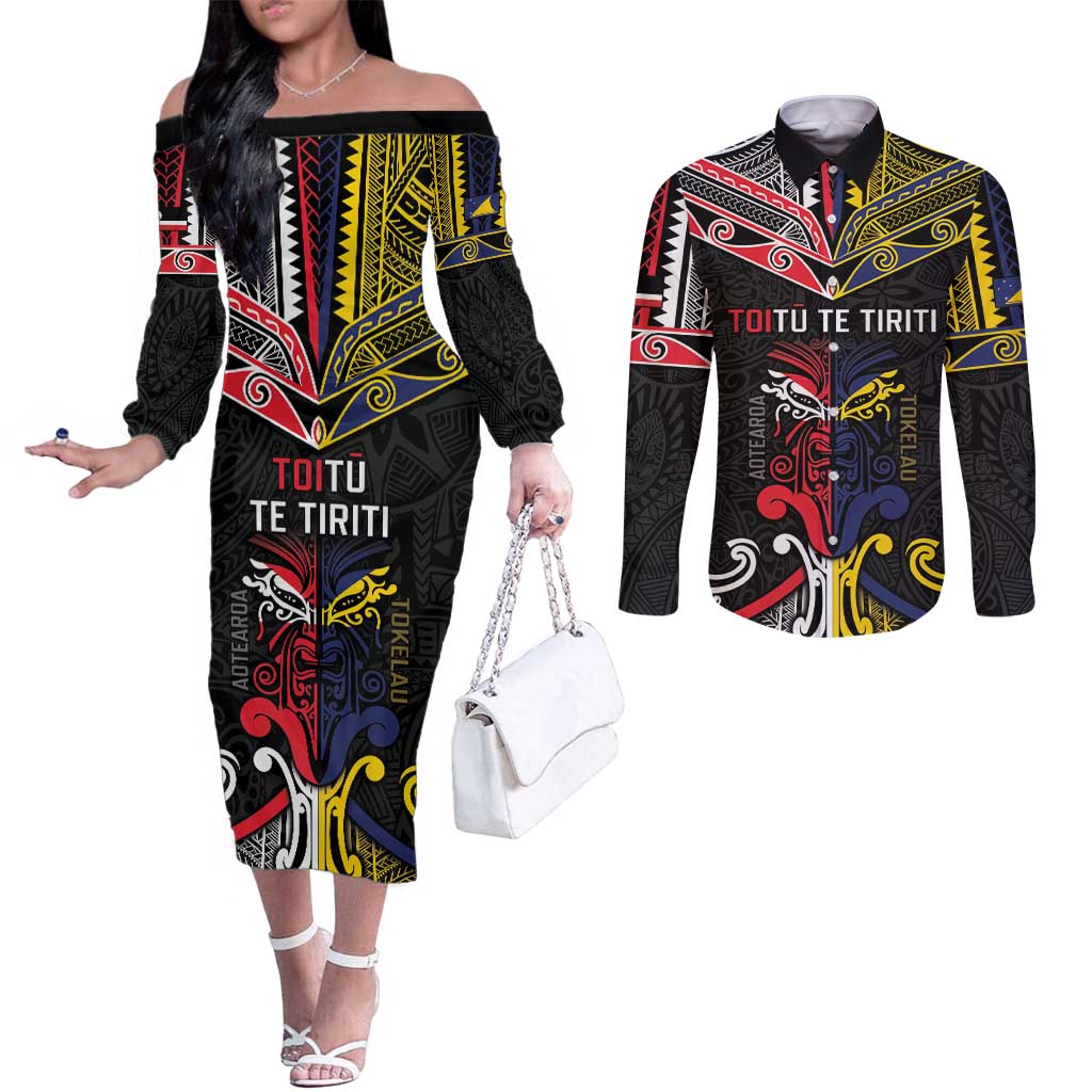 Tokelau And Aotearoa Couples Matching Off The Shoulder Long Sleeve Dress and Long Sleeve Button Shirt Together For Te Tiriti O Waitangi LT05 Black - Polynesian Pride