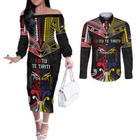 Tokelau And Aotearoa Couples Matching Off The Shoulder Long Sleeve Dress and Long Sleeve Button Shirt Together For Te Tiriti O Waitangi LT05 Black - Polynesian Pride