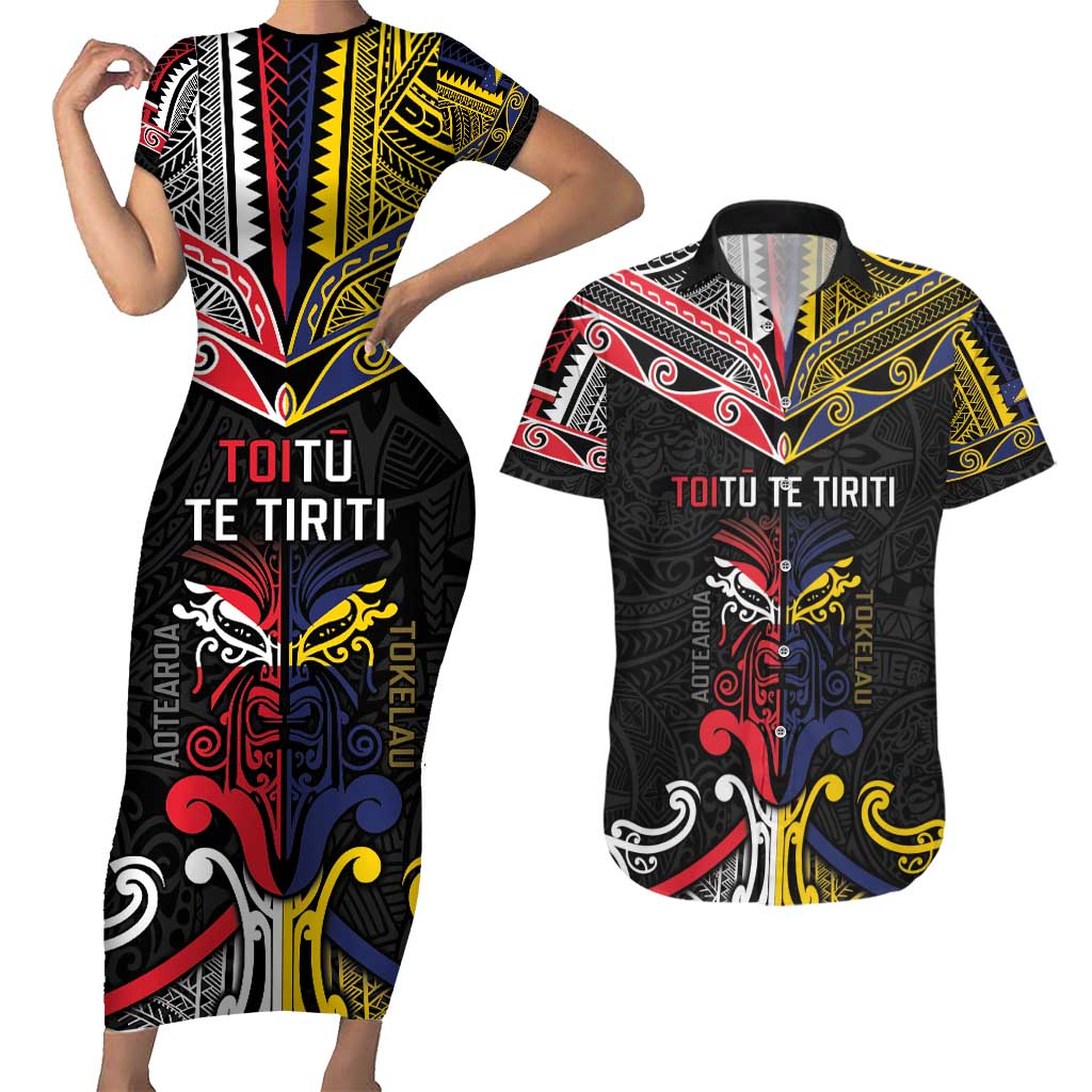 Tokelau And Aotearoa Couples Matching Short Sleeve Bodycon Dress and Hawaiian Shirt Together For Te Tiriti O Waitangi LT05 Black - Polynesian Pride