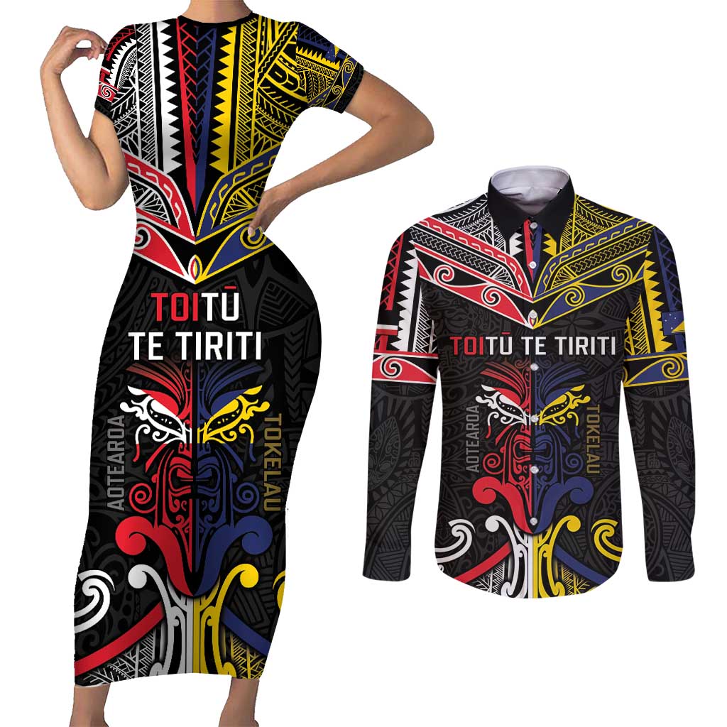 Tokelau And Aotearoa Couples Matching Short Sleeve Bodycon Dress and Long Sleeve Button Shirt Together For Te Tiriti O Waitangi LT05 Black - Polynesian Pride