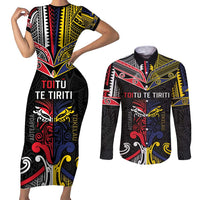 Tokelau And Aotearoa Couples Matching Short Sleeve Bodycon Dress and Long Sleeve Button Shirt Together For Te Tiriti O Waitangi LT05 Black - Polynesian Pride