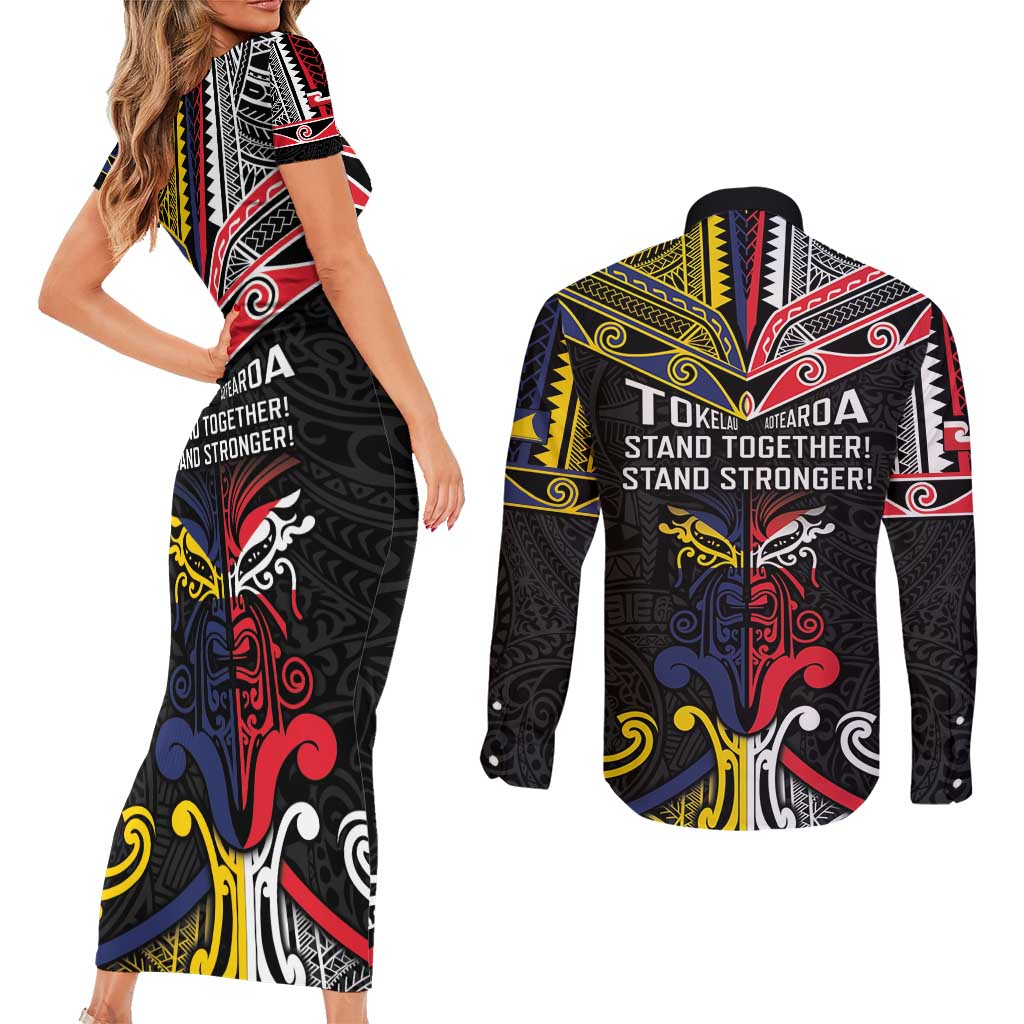 Tokelau And Aotearoa Couples Matching Short Sleeve Bodycon Dress and Long Sleeve Button Shirt Together For Te Tiriti O Waitangi LT05 - Polynesian Pride