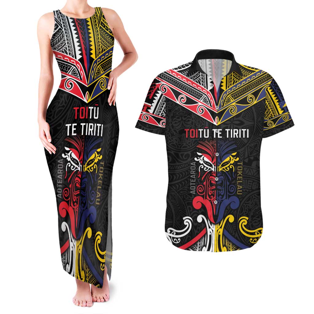Tokelau And Aotearoa Couples Matching Tank Maxi Dress and Hawaiian Shirt Together For Te Tiriti O Waitangi LT05 Black - Polynesian Pride