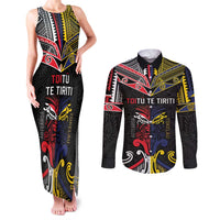 Tokelau And Aotearoa Couples Matching Tank Maxi Dress and Long Sleeve Button Shirt Together For Te Tiriti O Waitangi LT05 Black - Polynesian Pride