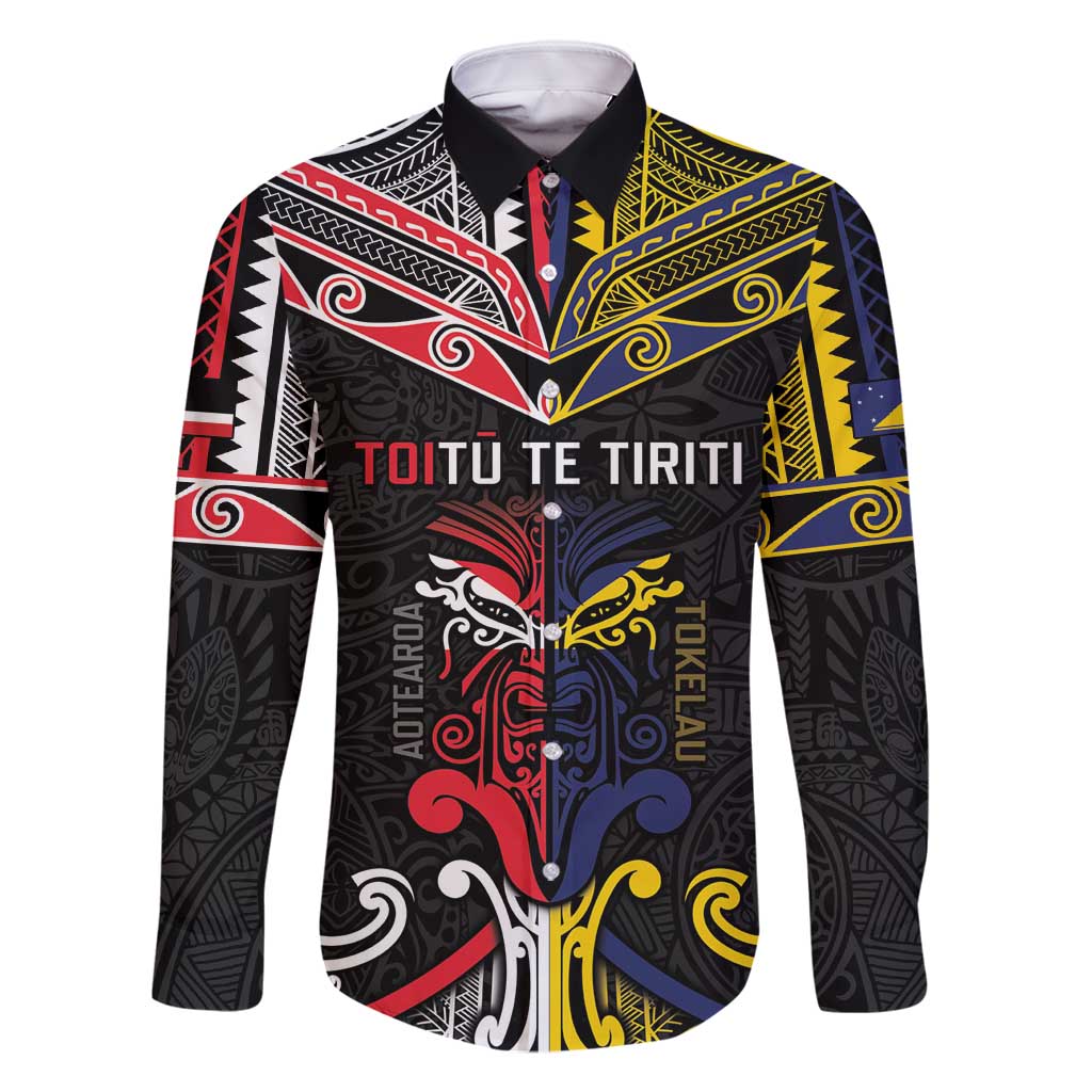 Tokelau And Aotearoa Family Matching Mermaid Dress and Hawaiian Shirt Together For Te Tiriti O Waitangi LT05 Dad's Shirt - Long Sleeve Black - Polynesian Pride