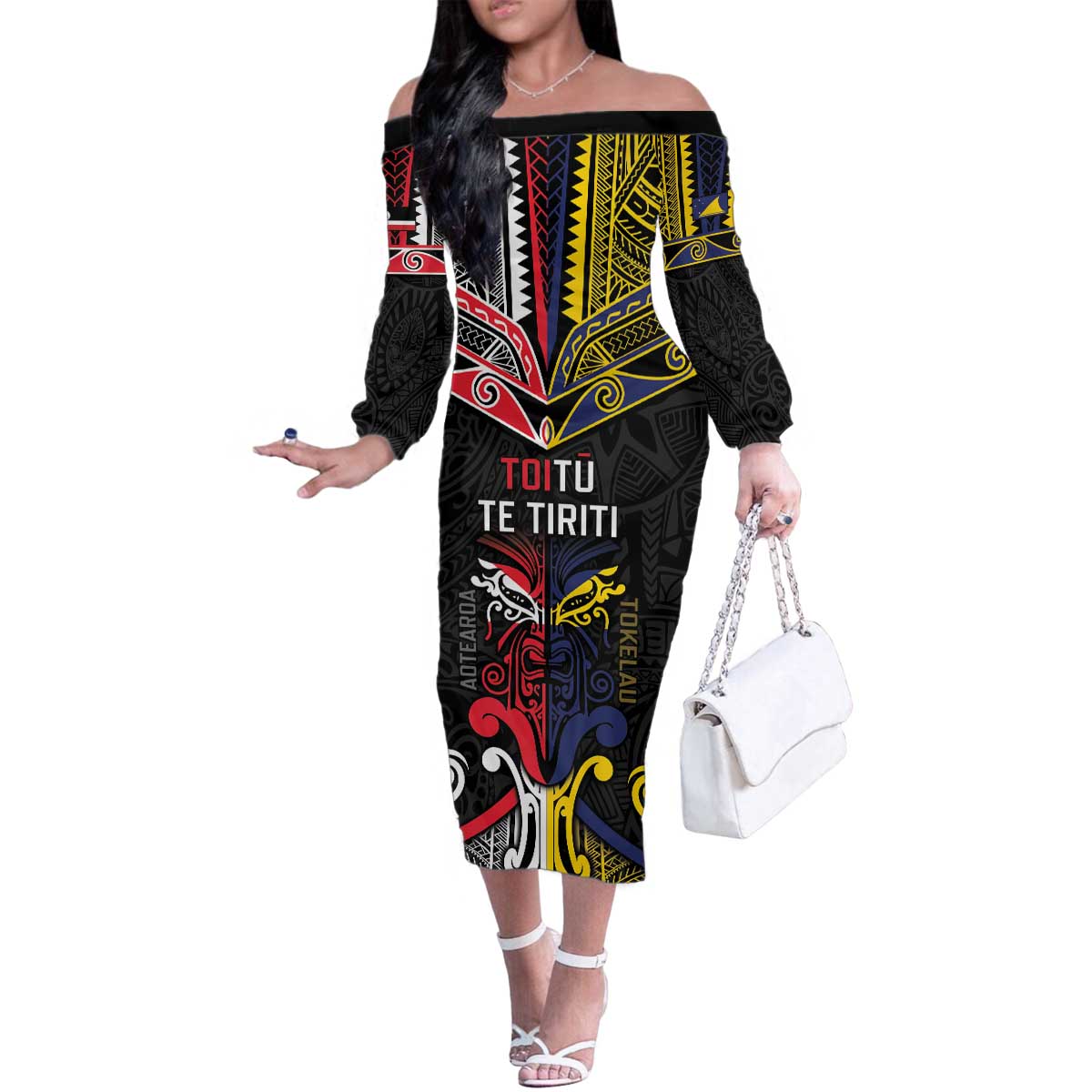 Tokelau And Aotearoa Family Matching Off The Shoulder Long Sleeve Dress and Hawaiian Shirt Together For Te Tiriti O Waitangi LT05 Mom's Dress Black - Polynesian Pride