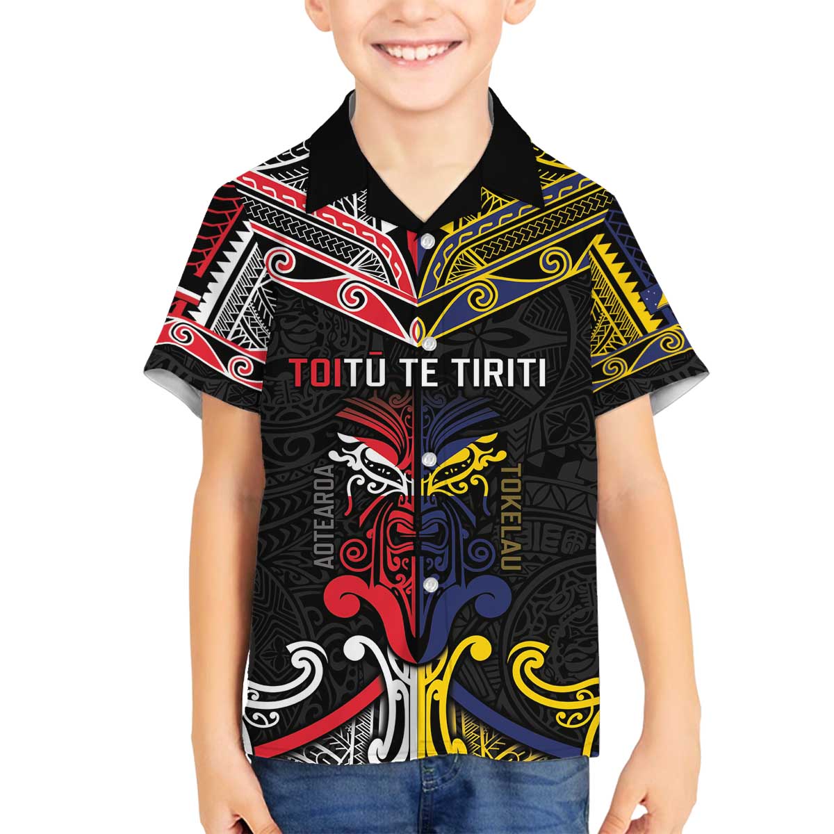 Tokelau And Aotearoa Family Matching Off The Shoulder Long Sleeve Dress and Hawaiian Shirt Together For Te Tiriti O Waitangi LT05 Son's Shirt Black - Polynesian Pride
