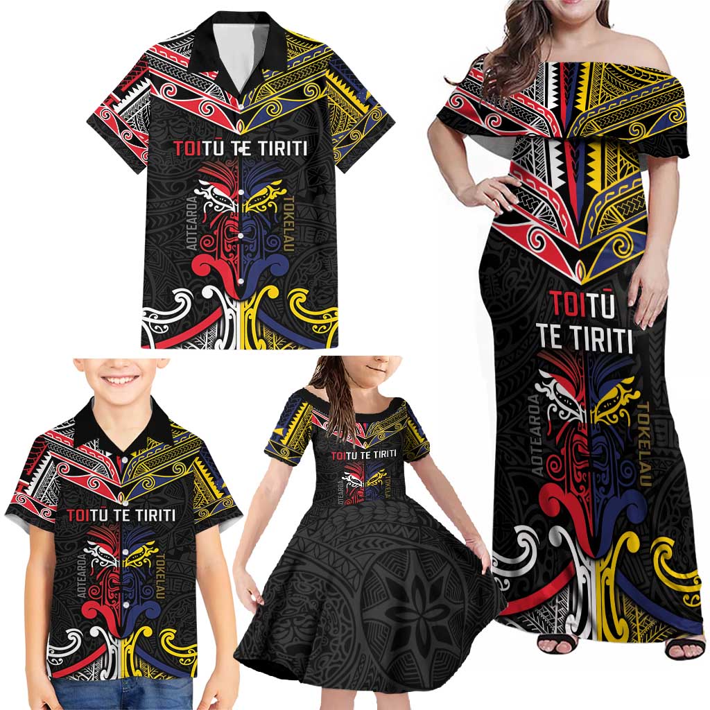 Tokelau And Aotearoa Family Matching Off Shoulder Maxi Dress and Hawaiian Shirt Together For Te Tiriti O Waitangi LT05 - Polynesian Pride