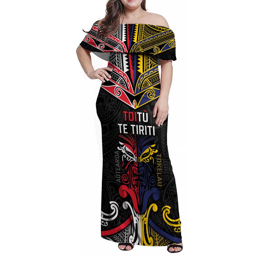 Tokelau And Aotearoa Family Matching Off Shoulder Maxi Dress and Hawaiian Shirt Together For Te Tiriti O Waitangi LT05 Mom's Dress Black - Polynesian Pride