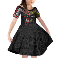Tokelau And Aotearoa Family Matching Off Shoulder Short Dress and Hawaiian Shirt Together For Te Tiriti O Waitangi LT05 Daughter's Dress Black - Polynesian Pride