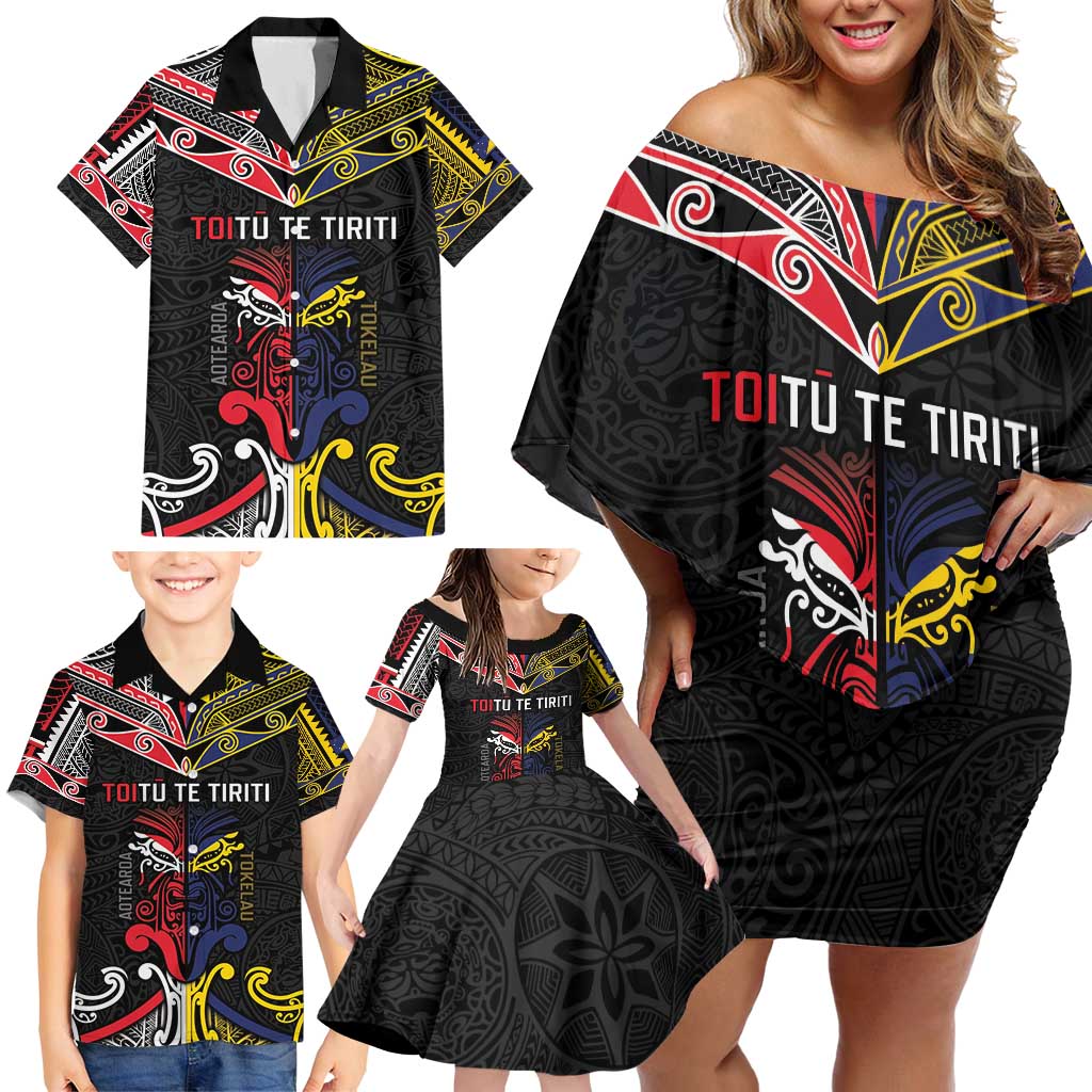 Tokelau And Aotearoa Family Matching Off Shoulder Short Dress and Hawaiian Shirt Together For Te Tiriti O Waitangi LT05 - Polynesian Pride