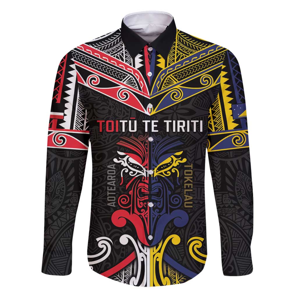 Tokelau And Aotearoa Family Matching Puletasi and Hawaiian Shirt Together For Te Tiriti O Waitangi LT05 Dad's Shirt - Long Sleeve Black - Polynesian Pride