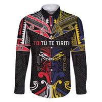 Tokelau And Aotearoa Family Matching Puletasi and Hawaiian Shirt Together For Te Tiriti O Waitangi LT05 Dad's Shirt - Long Sleeve Black - Polynesian Pride