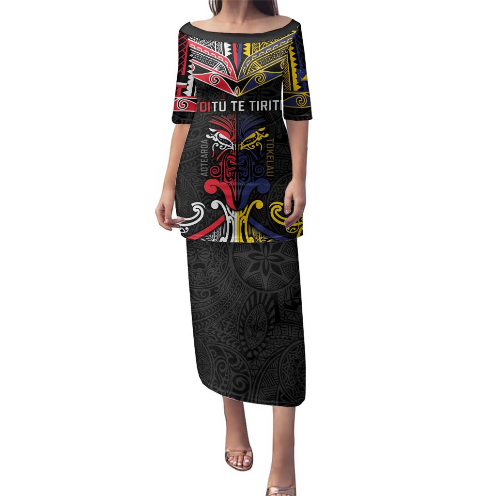 Tokelau And Aotearoa Family Matching Puletasi and Hawaiian Shirt Together For Te Tiriti O Waitangi LT05 Mom's Dress Black - Polynesian Pride