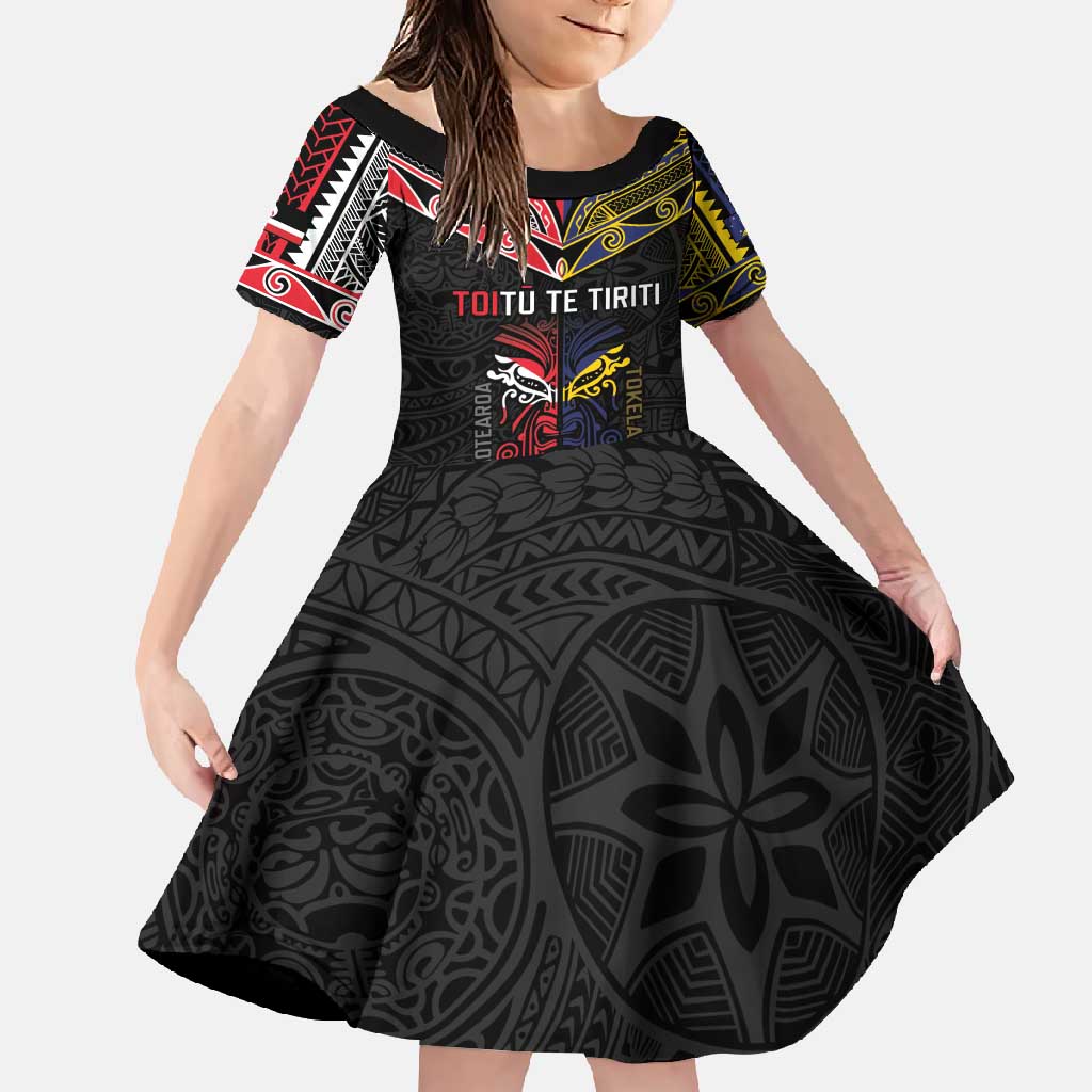 Tokelau And Aotearoa Family Matching Short Sleeve Bodycon Dress and Hawaiian Shirt Together For Te Tiriti O Waitangi LT05 Daughter's Dress Black - Polynesian Pride