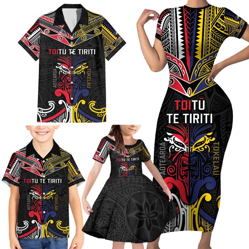 Tokelau And Aotearoa Family Matching Short Sleeve Bodycon Dress and Hawaiian Shirt Together For Te Tiriti O Waitangi LT05 - Polynesian Pride