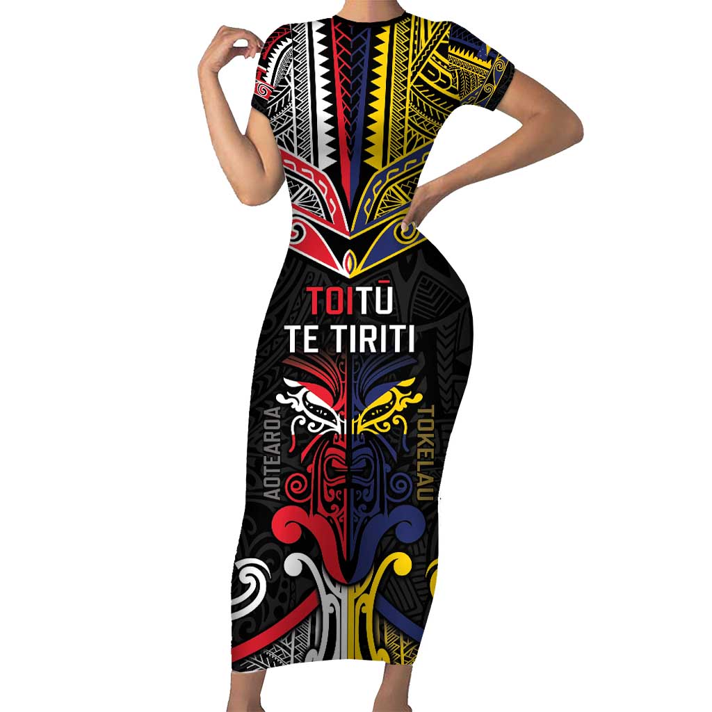 Tokelau And Aotearoa Family Matching Short Sleeve Bodycon Dress and Hawaiian Shirt Together For Te Tiriti O Waitangi LT05 Mom's Dress Black - Polynesian Pride