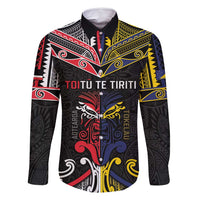 Tokelau And Aotearoa Family Matching Tank Maxi Dress and Hawaiian Shirt Together For Te Tiriti O Waitangi LT05 Dad's Shirt - Long Sleeve Black - Polynesian Pride