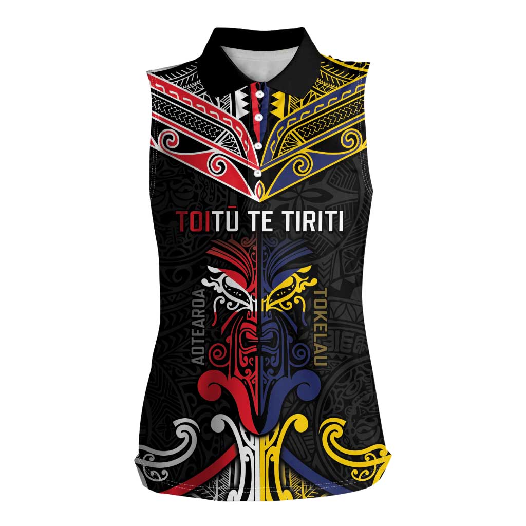 Tokelau And Aotearoa Women Sleeveless Polo Shirt Together For Te Tiriti O Waitangi LT05 Female Black - Polynesian Pride