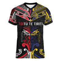 Tokelau And Aotearoa Women V-Neck T-Shirt Together For Te Tiriti O Waitangi LT05 Female Black - Polynesian Pride