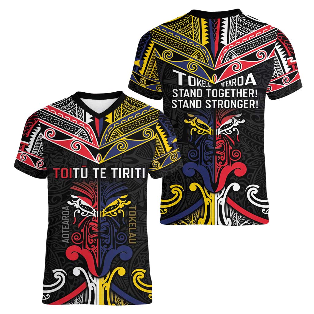 Tokelau And Aotearoa Women V-Neck T-Shirt Together For Te Tiriti O Waitangi LT05 - Polynesian Pride