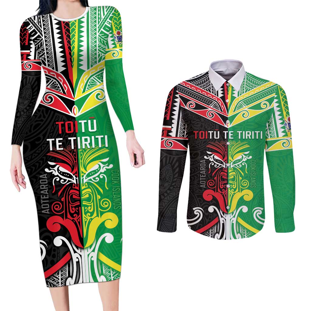 Cook Islands And Aotearoa Couples Matching Long Sleeve Bodycon Dress and Long Sleeve Button Shirt Together For Te Tiriti O Waitangi LT05 Black - Polynesian Pride