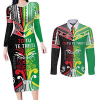 Cook Islands And Aotearoa Couples Matching Long Sleeve Bodycon Dress and Long Sleeve Button Shirt Together For Te Tiriti O Waitangi LT05 Black - Polynesian Pride