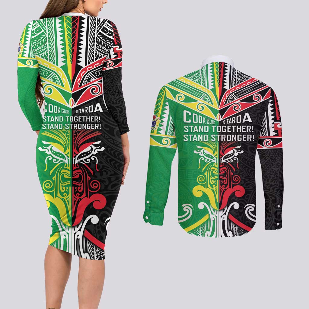 Cook Islands And Aotearoa Couples Matching Long Sleeve Bodycon Dress and Long Sleeve Button Shirt Together For Te Tiriti O Waitangi LT05 - Polynesian Pride