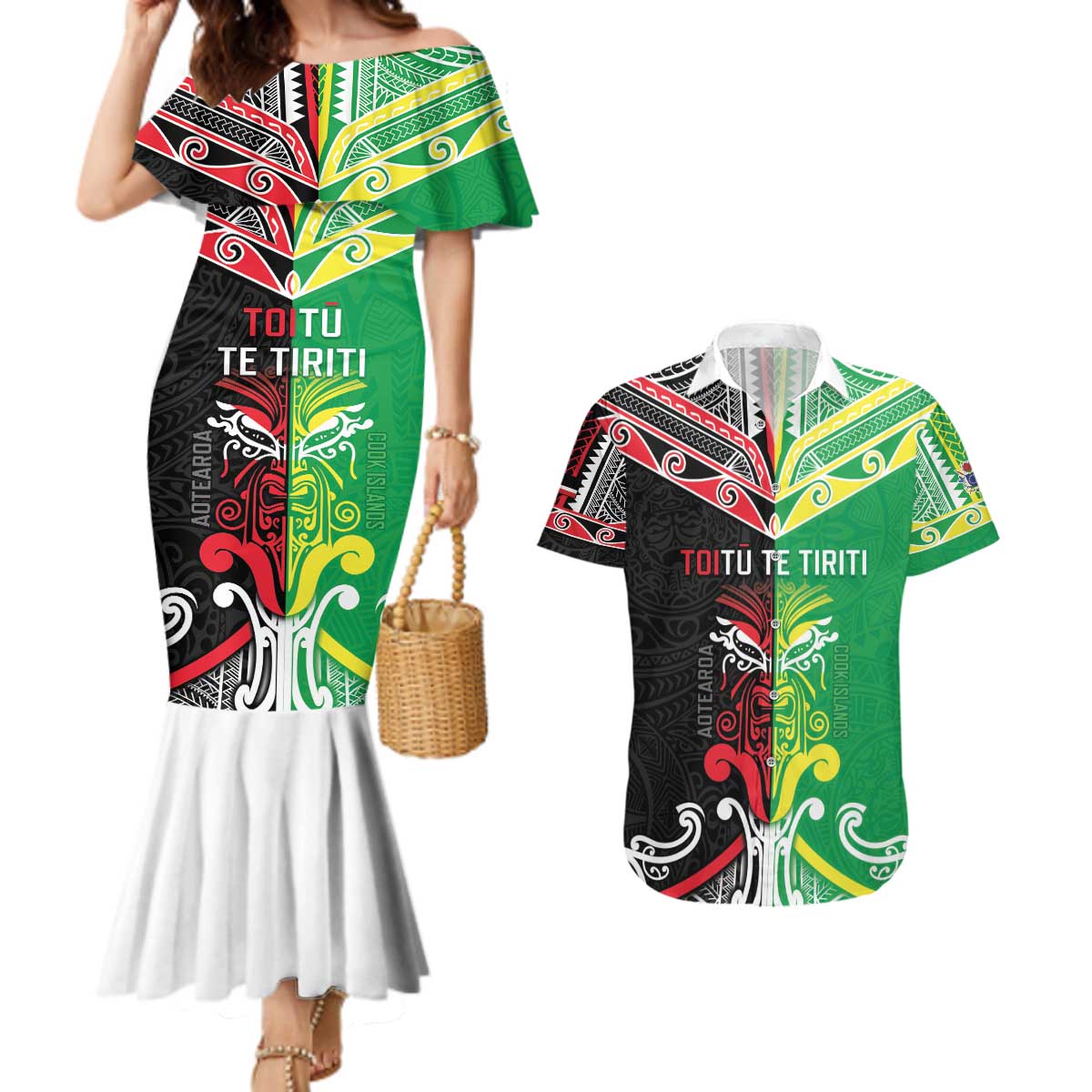 Cook Islands And Aotearoa Couples Matching Mermaid Dress and Hawaiian Shirt Together For Te Tiriti O Waitangi LT05 Black - Polynesian Pride