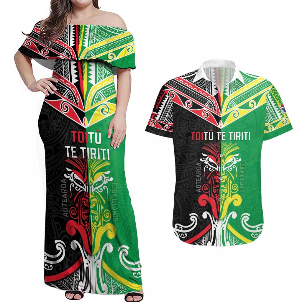 Cook Islands And Aotearoa Couples Matching Off Shoulder Maxi Dress and Hawaiian Shirt Together For Te Tiriti O Waitangi LT05 Black - Polynesian Pride