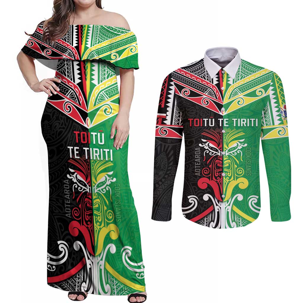 Cook Islands And Aotearoa Couples Matching Off Shoulder Maxi Dress and Long Sleeve Button Shirt Together For Te Tiriti O Waitangi LT05 Black - Polynesian Pride