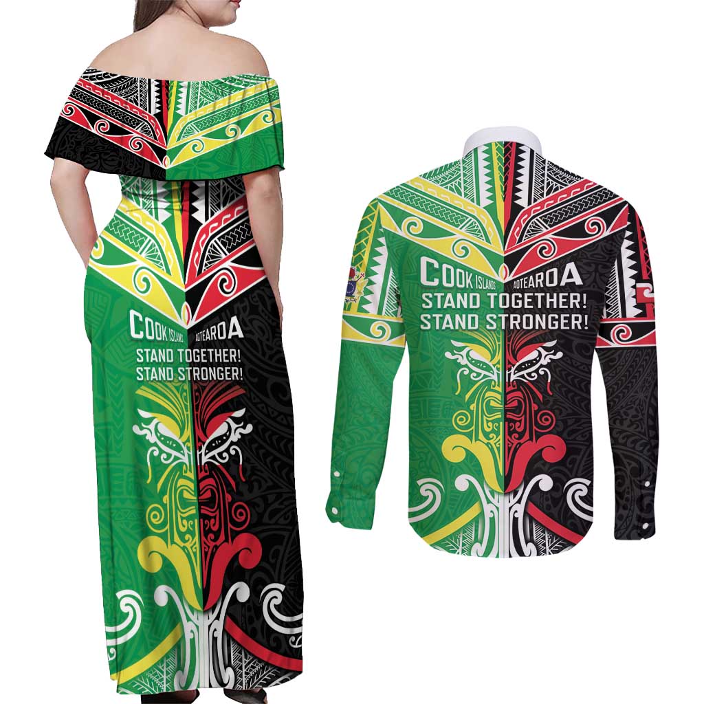 Cook Islands And Aotearoa Couples Matching Off Shoulder Maxi Dress and Long Sleeve Button Shirt Together For Te Tiriti O Waitangi LT05 - Polynesian Pride