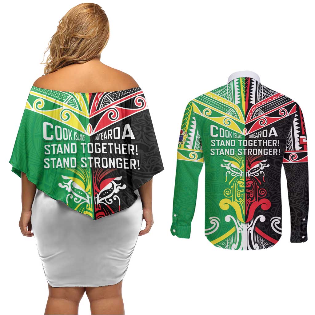 Cook Islands And Aotearoa Couples Matching Off Shoulder Short Dress and Long Sleeve Button Shirt Together For Te Tiriti O Waitangi LT05 - Polynesian Pride