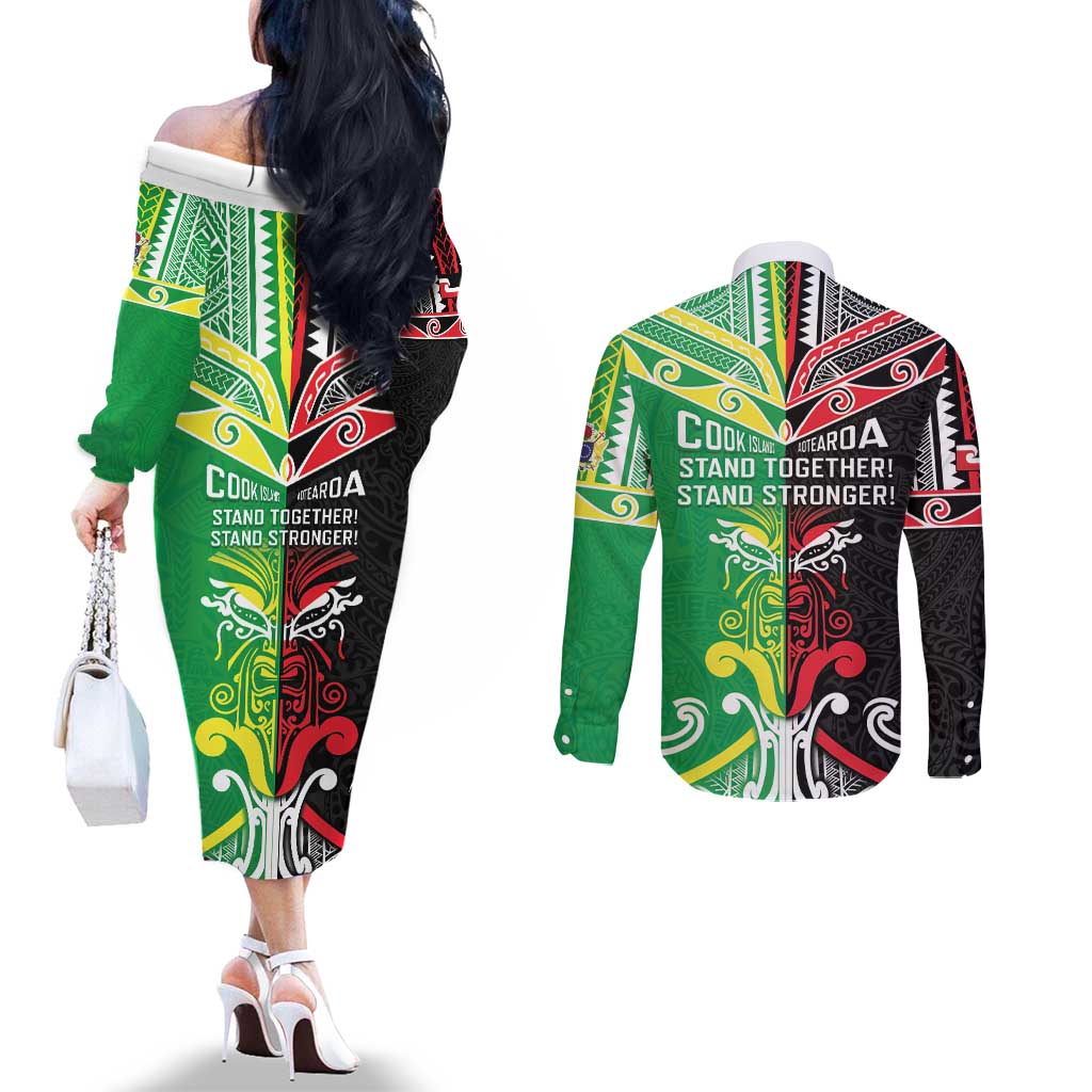 Cook Islands And Aotearoa Couples Matching Off The Shoulder Long Sleeve Dress and Long Sleeve Button Shirt Together For Te Tiriti O Waitangi LT05 - Polynesian Pride