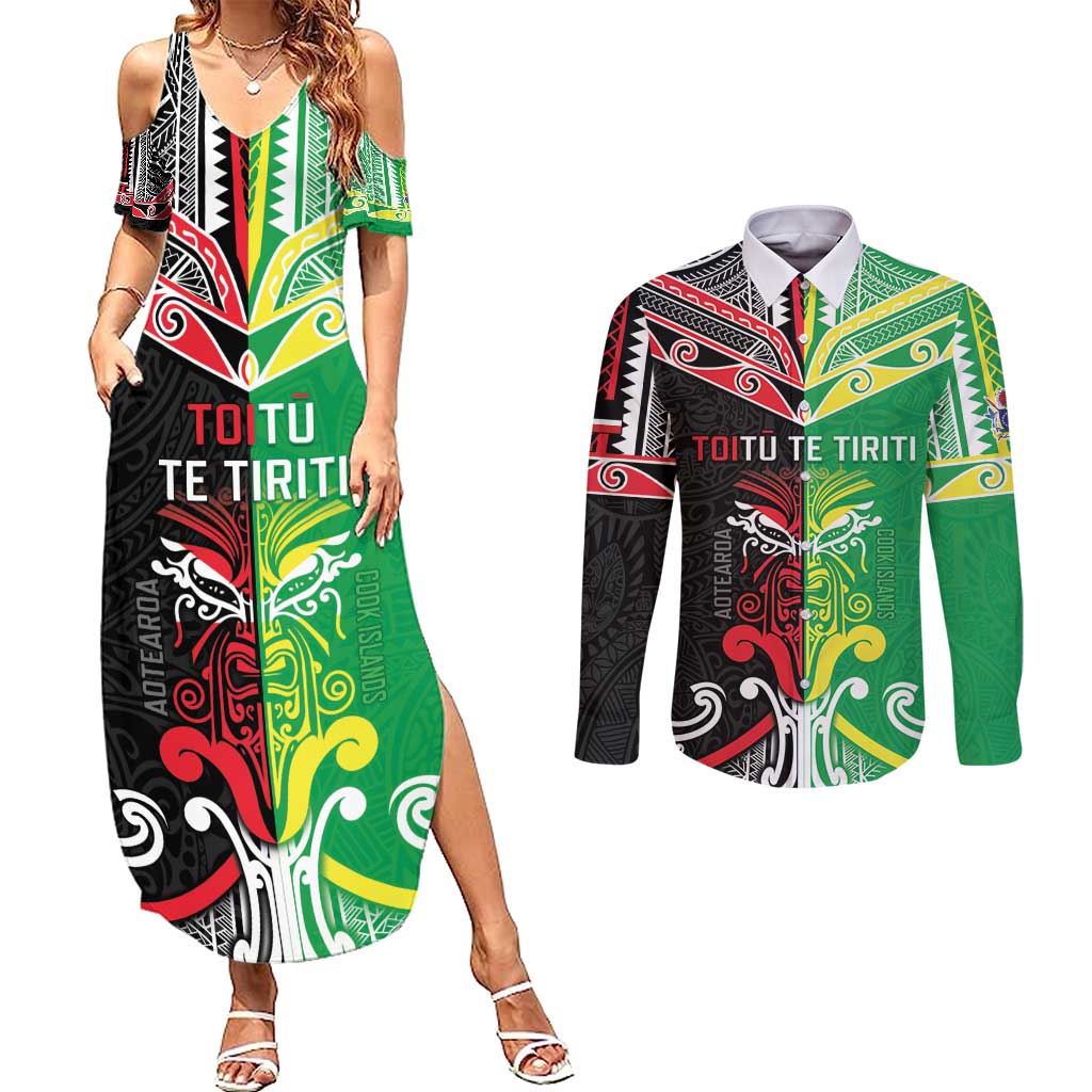 Cook Islands And Aotearoa Couples Matching Summer Maxi Dress and Long Sleeve Button Shirt Together For Te Tiriti O Waitangi LT05 Black - Polynesian Pride
