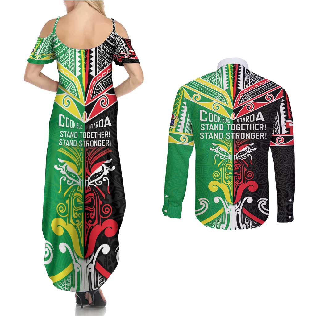 Cook Islands And Aotearoa Couples Matching Summer Maxi Dress and Long Sleeve Button Shirt Together For Te Tiriti O Waitangi LT05 - Polynesian Pride