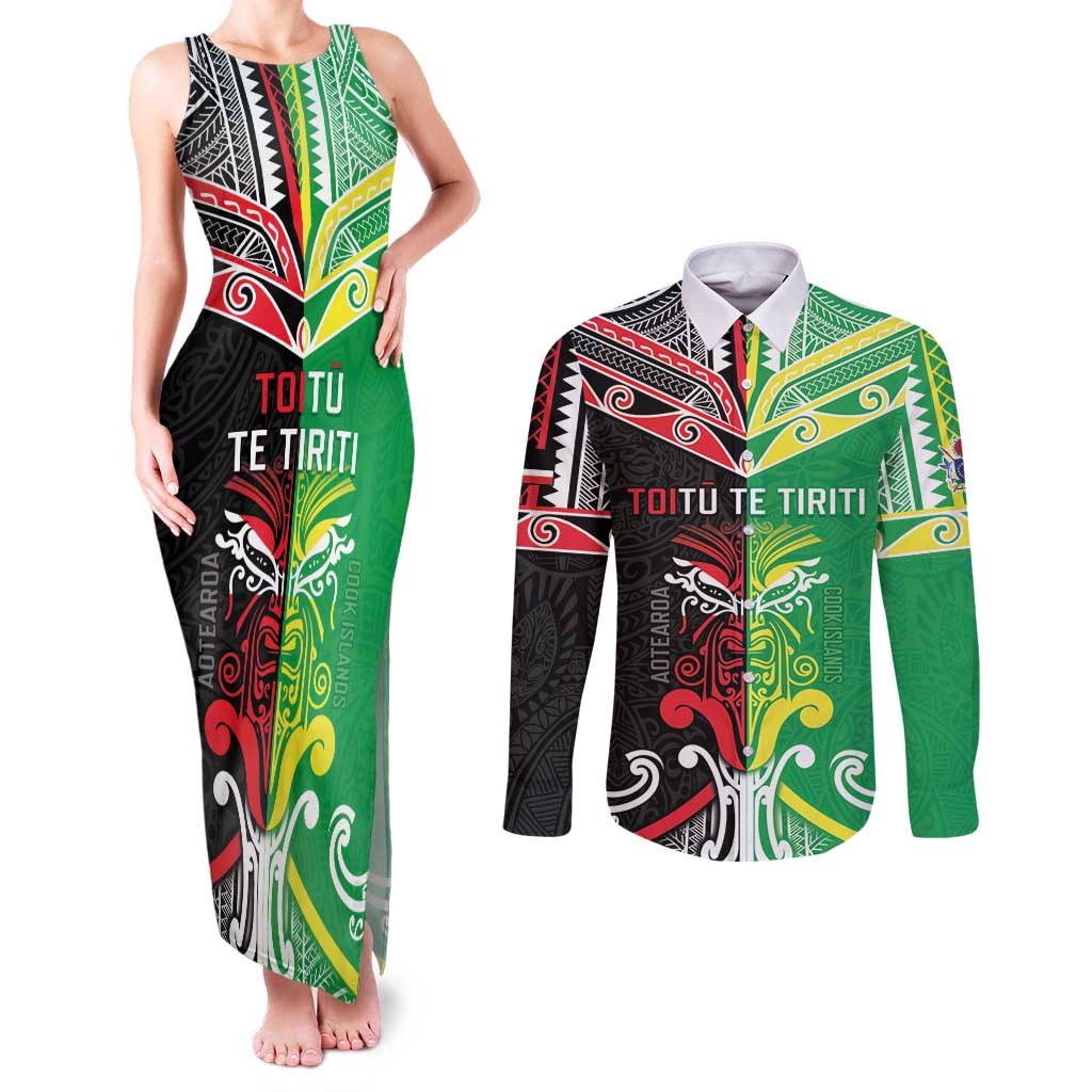 Cook Islands And Aotearoa Couples Matching Tank Maxi Dress and Long Sleeve Button Shirt Together For Te Tiriti O Waitangi LT05 Black - Polynesian Pride