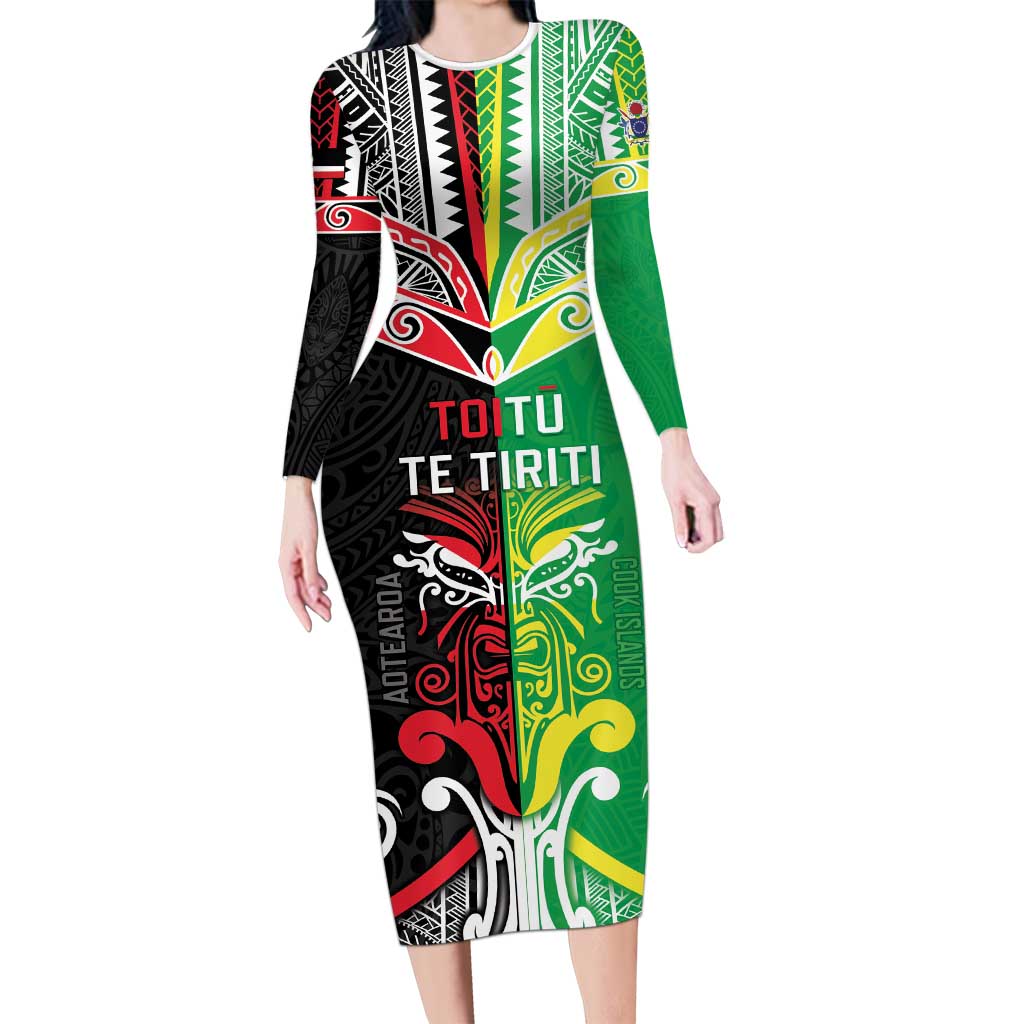 Cook Islands And Aotearoa Family Matching Long Sleeve Bodycon Dress and Hawaiian Shirt Together For Te Tiriti O Waitangi LT05 Mom's Dress Black - Polynesian Pride