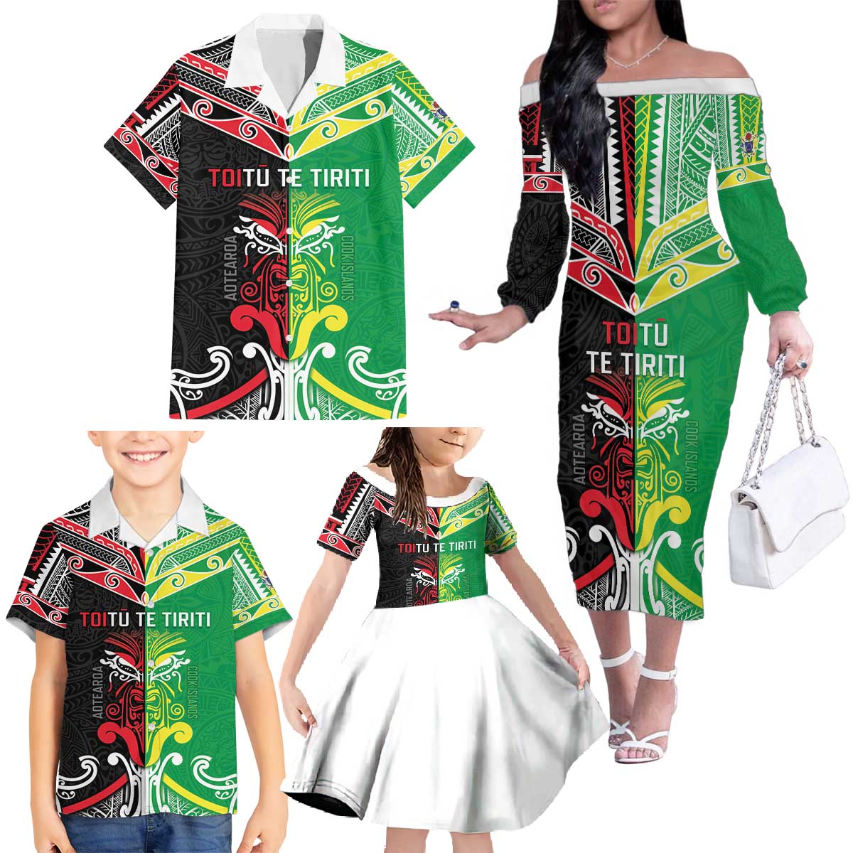 Cook Islands And Aotearoa Family Matching Off The Shoulder Long Sleeve Dress and Hawaiian Shirt Together For Te Tiriti O Waitangi LT05 - Polynesian Pride