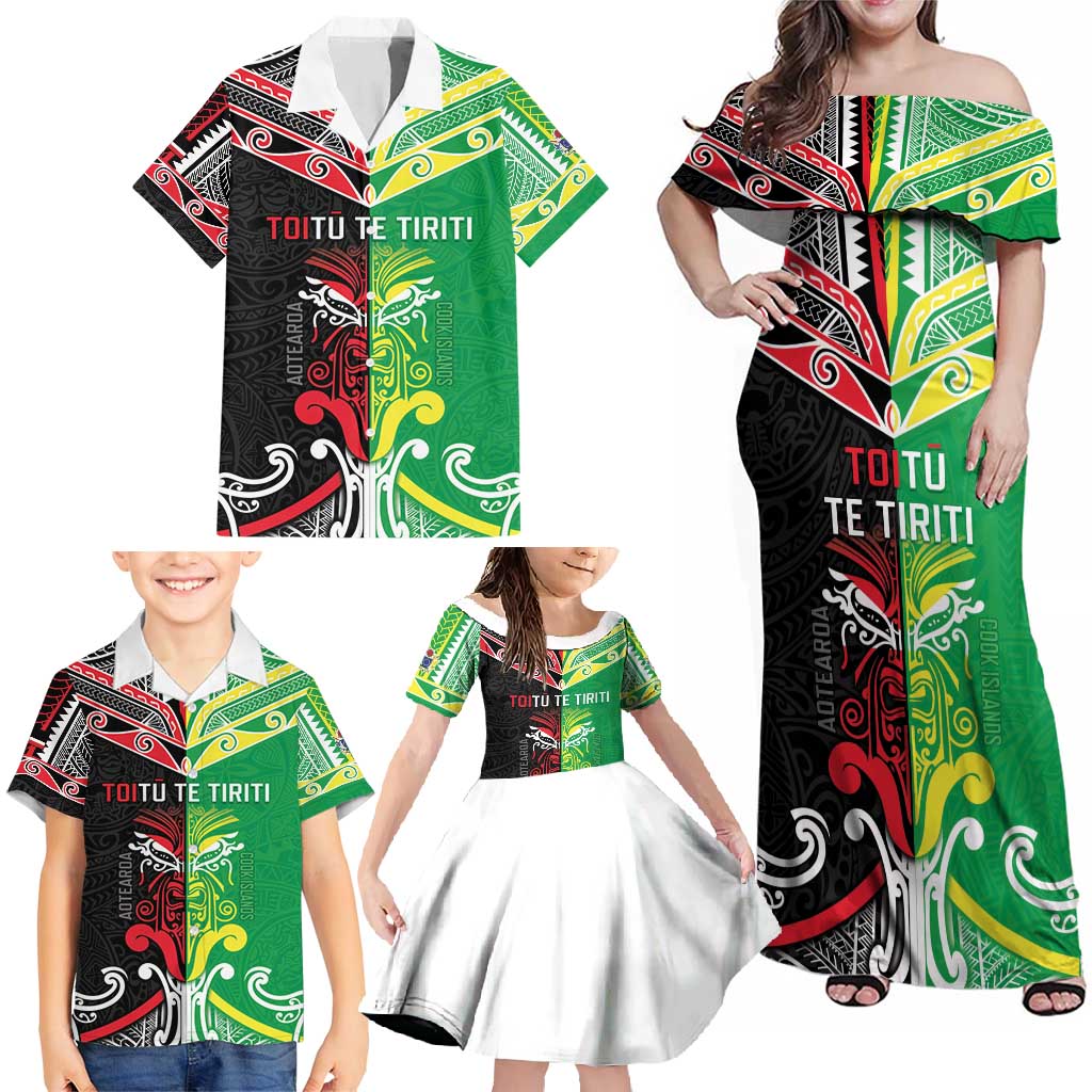 Cook Islands And Aotearoa Family Matching Off Shoulder Maxi Dress and Hawaiian Shirt Together For Te Tiriti O Waitangi LT05 - Polynesian Pride