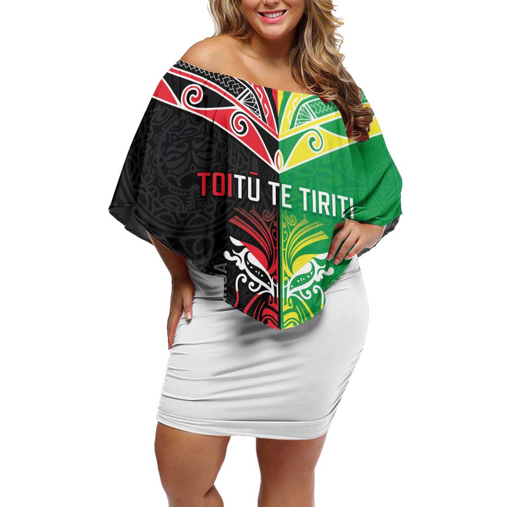 Cook Islands And Aotearoa Family Matching Off Shoulder Short Dress and Hawaiian Shirt Together For Te Tiriti O Waitangi LT05 Mom's Dress Black - Polynesian Pride
