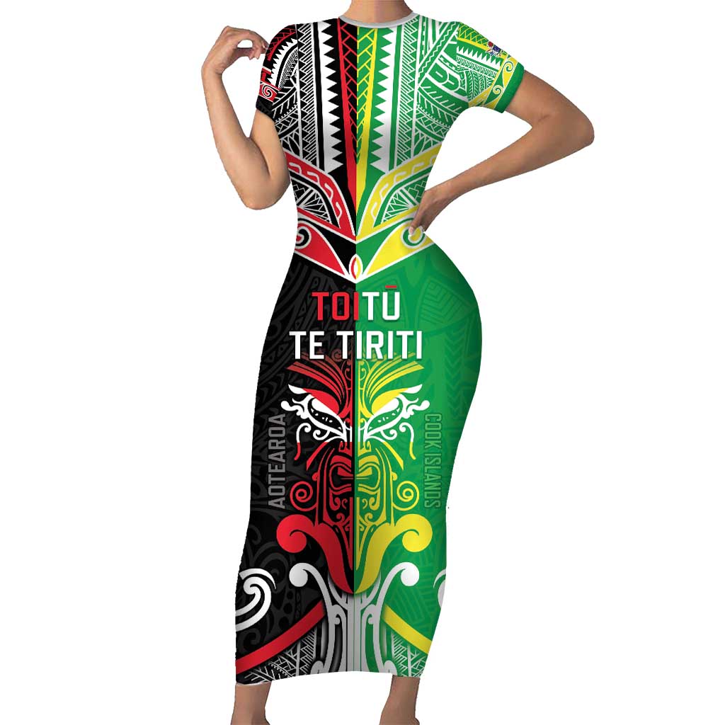 Cook Islands And Aotearoa Family Matching Short Sleeve Bodycon Dress and Hawaiian Shirt Together For Te Tiriti O Waitangi LT05 Mom's Dress Black - Polynesian Pride