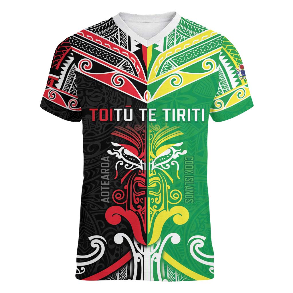 Cook Islands And Aotearoa Women V-Neck T-Shirt Together For Te Tiriti O Waitangi LT05 Female Black - Polynesian Pride