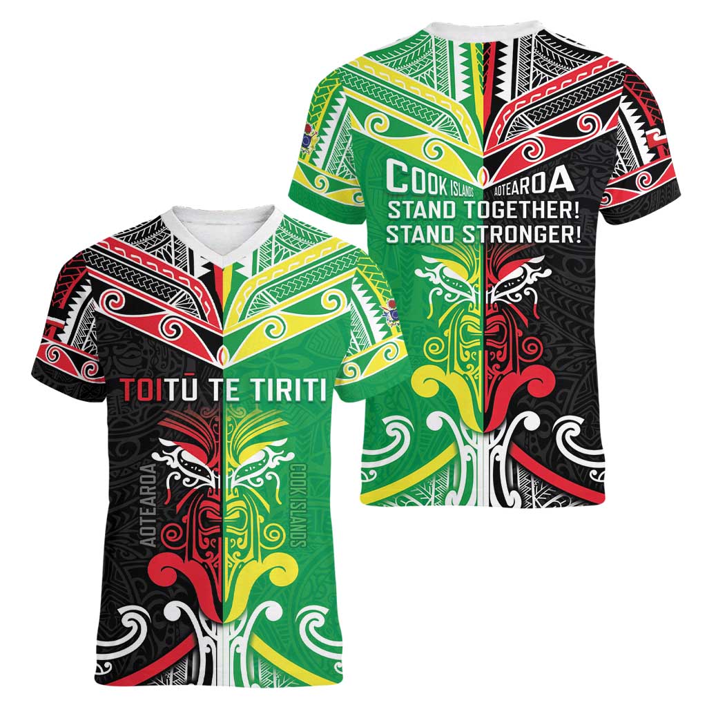 Cook Islands And Aotearoa Women V-Neck T-Shirt Together For Te Tiriti O Waitangi LT05 - Polynesian Pride