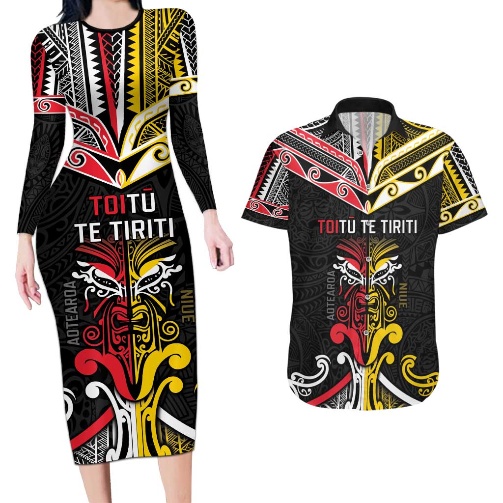 Niue And Aotearoa Couples Matching Long Sleeve Bodycon Dress and Hawaiian Shirt Together For Te Tiriti O Waitangi LT05 Black - Polynesian Pride