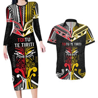 Niue And Aotearoa Couples Matching Long Sleeve Bodycon Dress and Hawaiian Shirt Together For Te Tiriti O Waitangi LT05 Black - Polynesian Pride