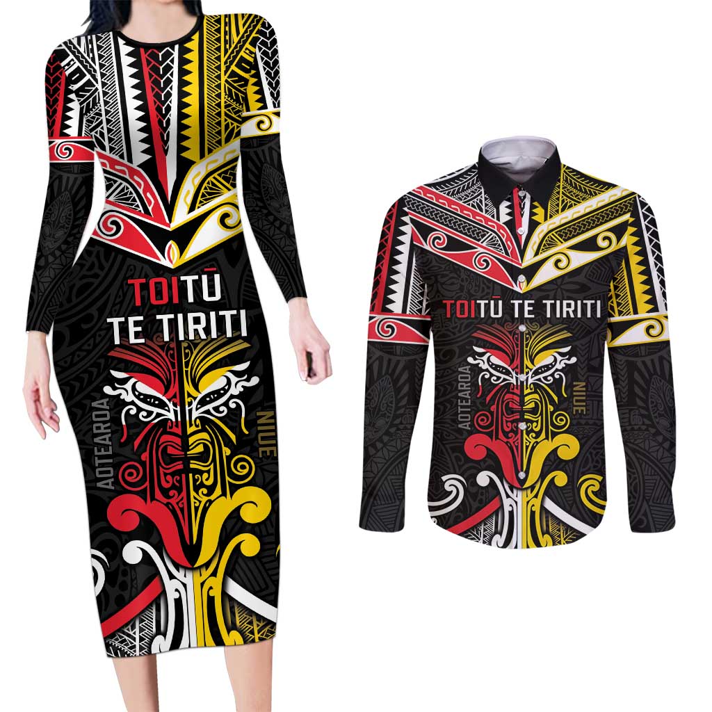 Niue And Aotearoa Couples Matching Long Sleeve Bodycon Dress and Long Sleeve Button Shirt Together For Te Tiriti O Waitangi LT05 Black - Polynesian Pride