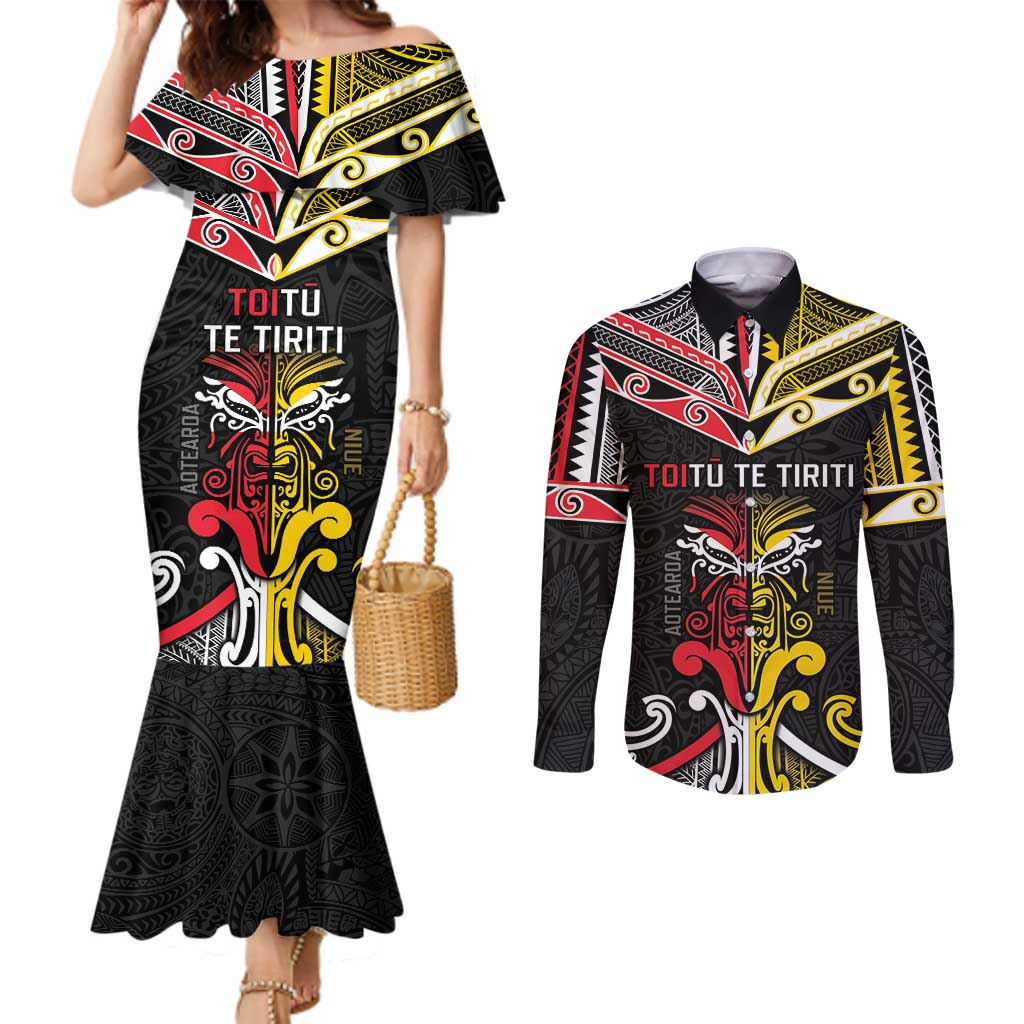 Niue And Aotearoa Couples Matching Mermaid Dress and Long Sleeve Button Shirt Together For Te Tiriti O Waitangi LT05 Black - Polynesian Pride